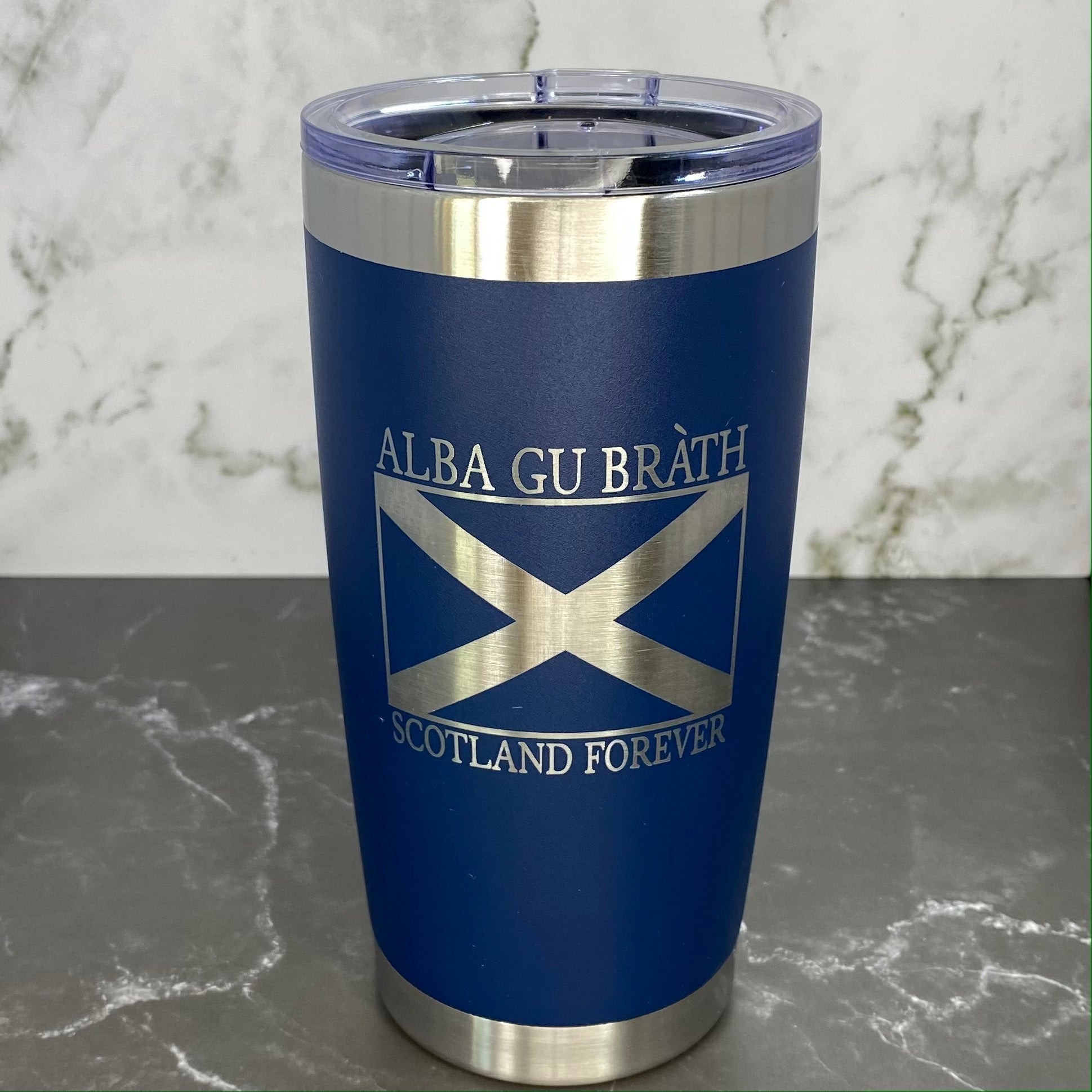 Alba Gu Bràth, Scotland Forever Saltire Flag Laser Engraved Powder Coated 20oz Double Walled Insulated Tumbler - Ackroyd's Scottish Bakery