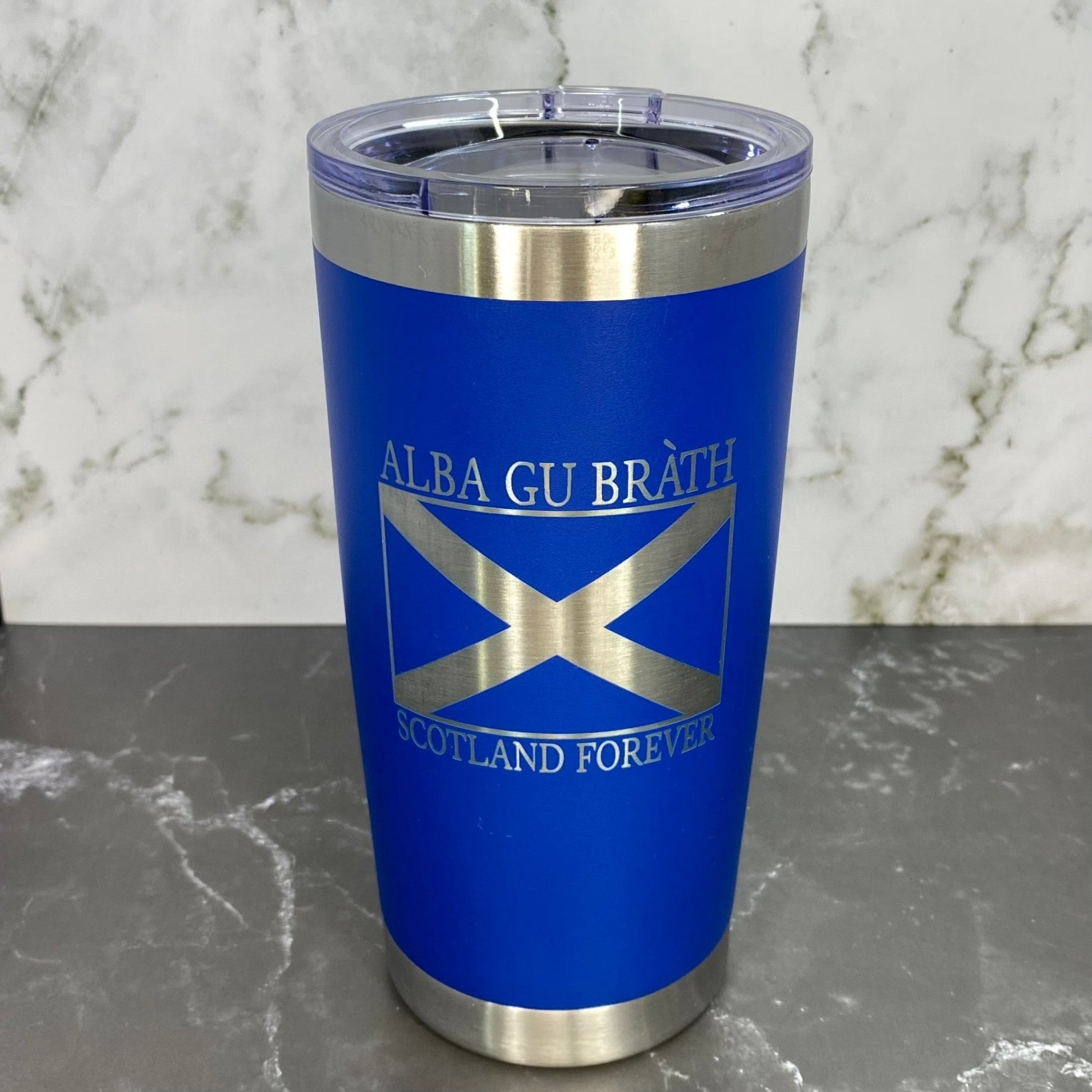 Alba Gu Bràth, Scotland Forever Saltire Flag Laser Engraved Powder Coated 20oz Double Walled Insulated Tumbler - Ackroyd's Scottish Bakery